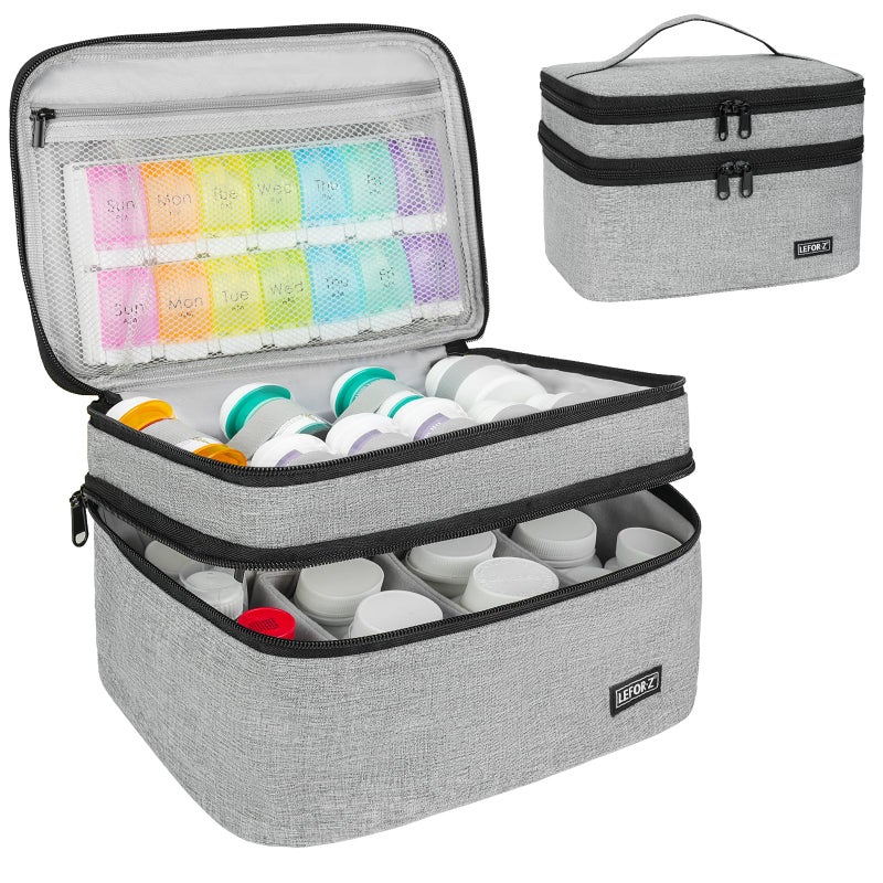 LEFORZ Medicine Storage BagDouble Layers Pill Bottle Organizer Bag Empty with Lockable ZipperAdjustable DividerMedication Travel Carrying Bag for PillsVitaminsMedical SuppliesGrey